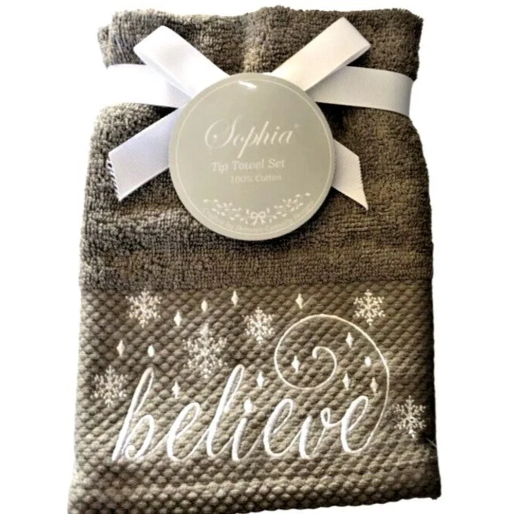 Christmas Believe Fingertip Towels Set of 2 Embellished Embroidered Gray White